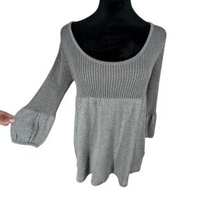 BCX Y2K Babydoll Scoop Neck Top Bishop Sleeve Ribbed Tunic Sweater Medium Silver